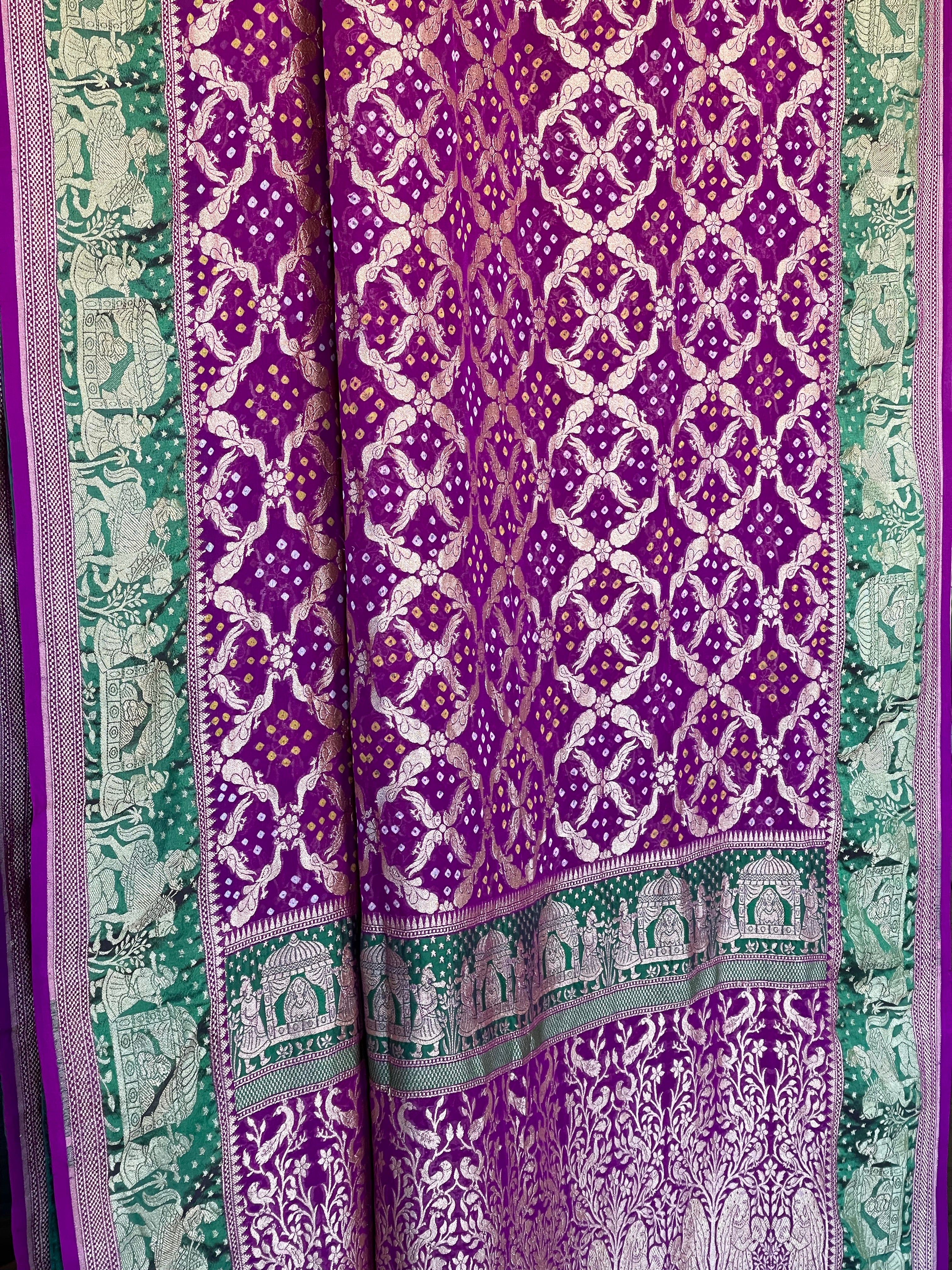 Bandhej Khaddi Georgette Banarasi - Purple Green