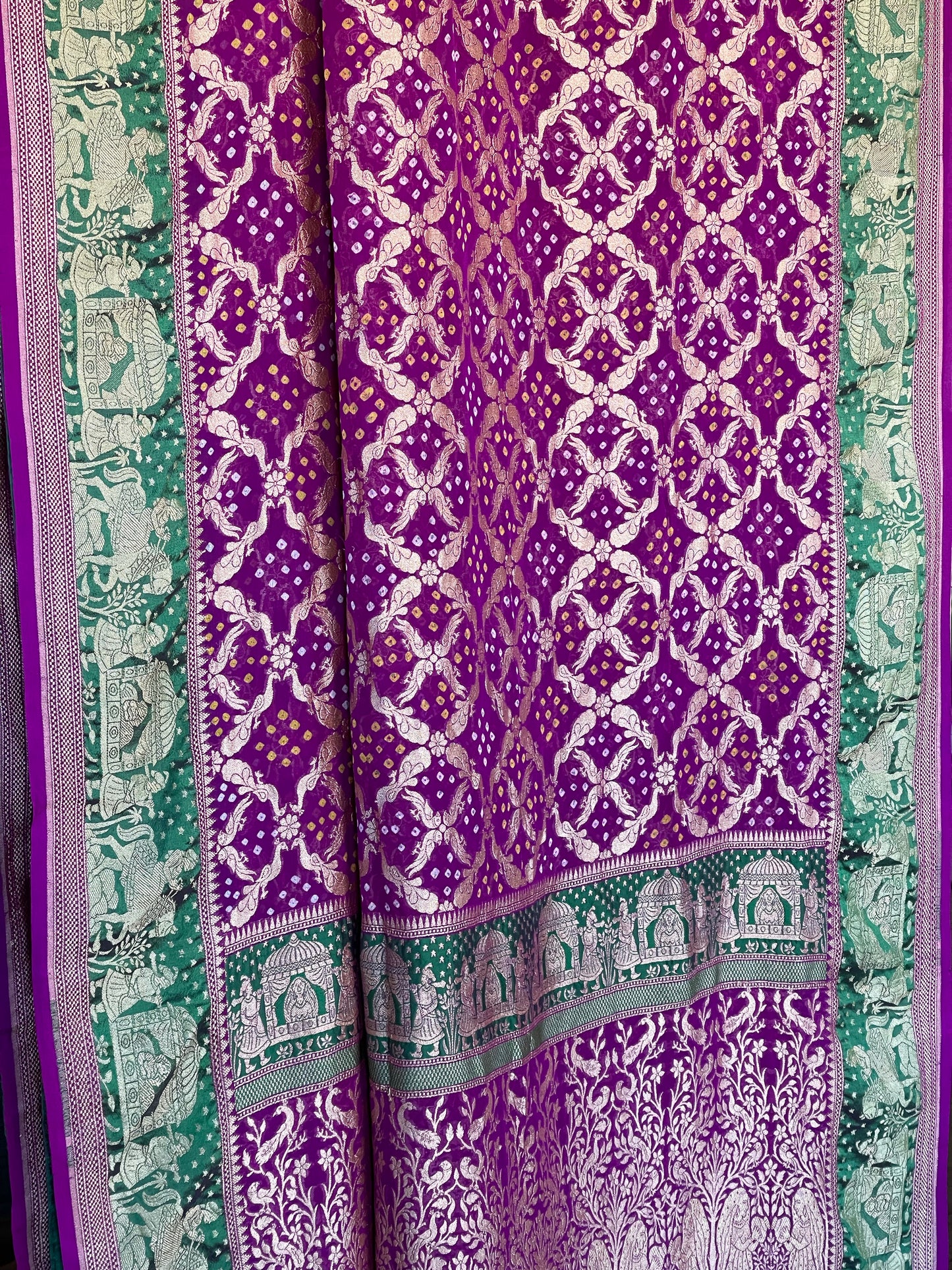 Bandhej Khaddi Georgette Banarasi - Purple Green
