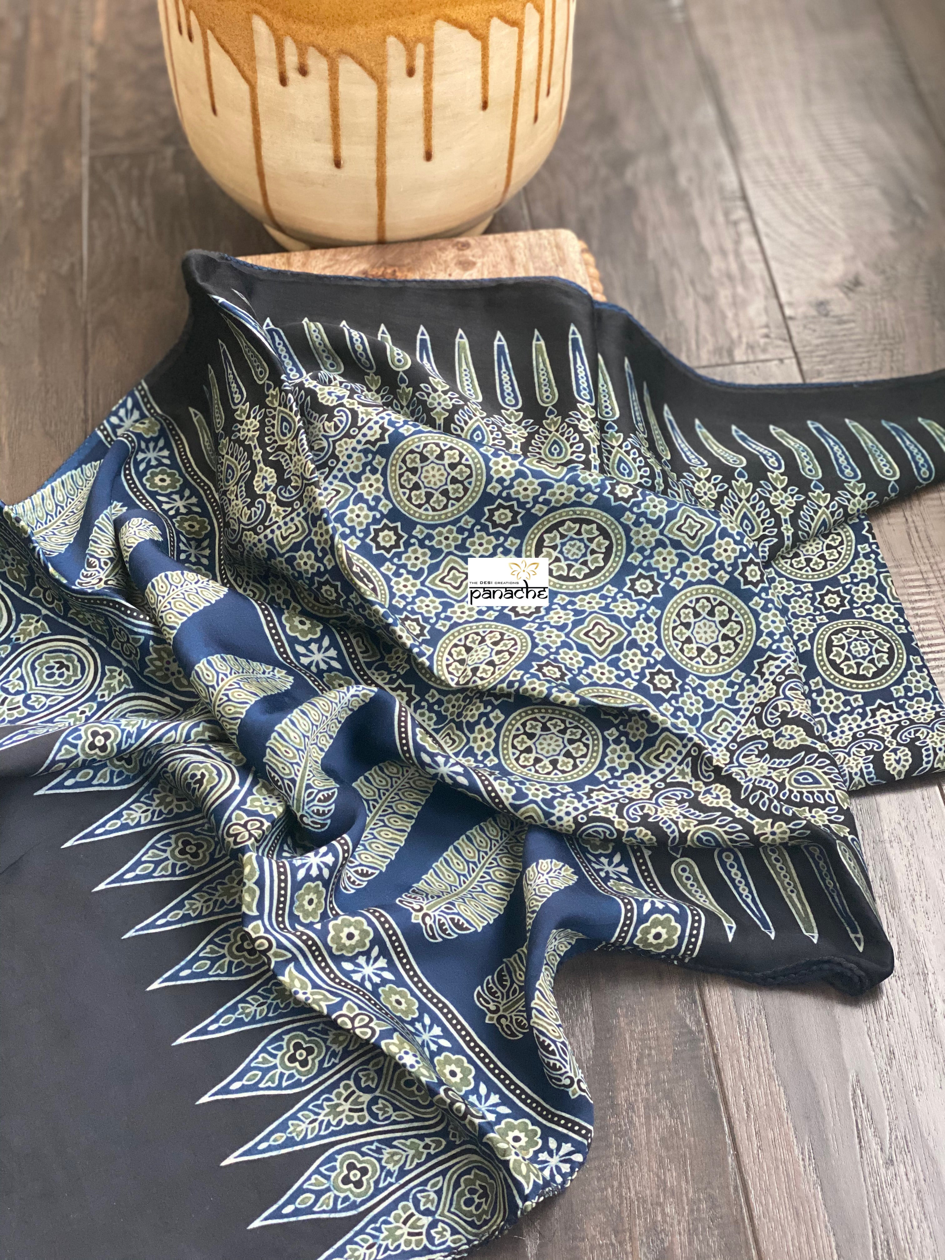 Stole Ajrakh Print - Black Indigo 1