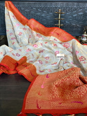 Khaddi Tussar Banarasi - Tilfi woven Beige Orange Multi Meenakari