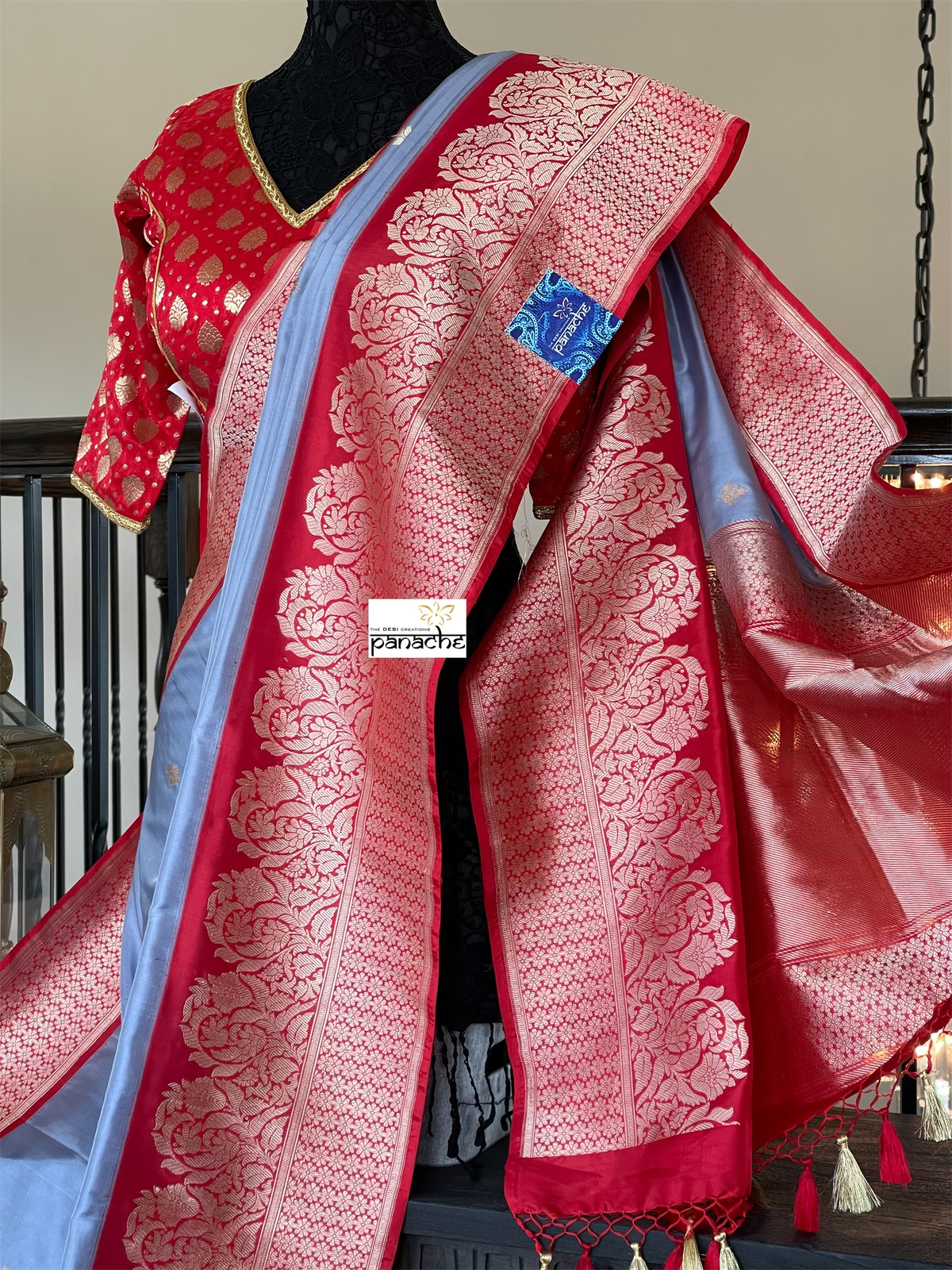 Katan Silk Banarasi - Bluish Grey Red