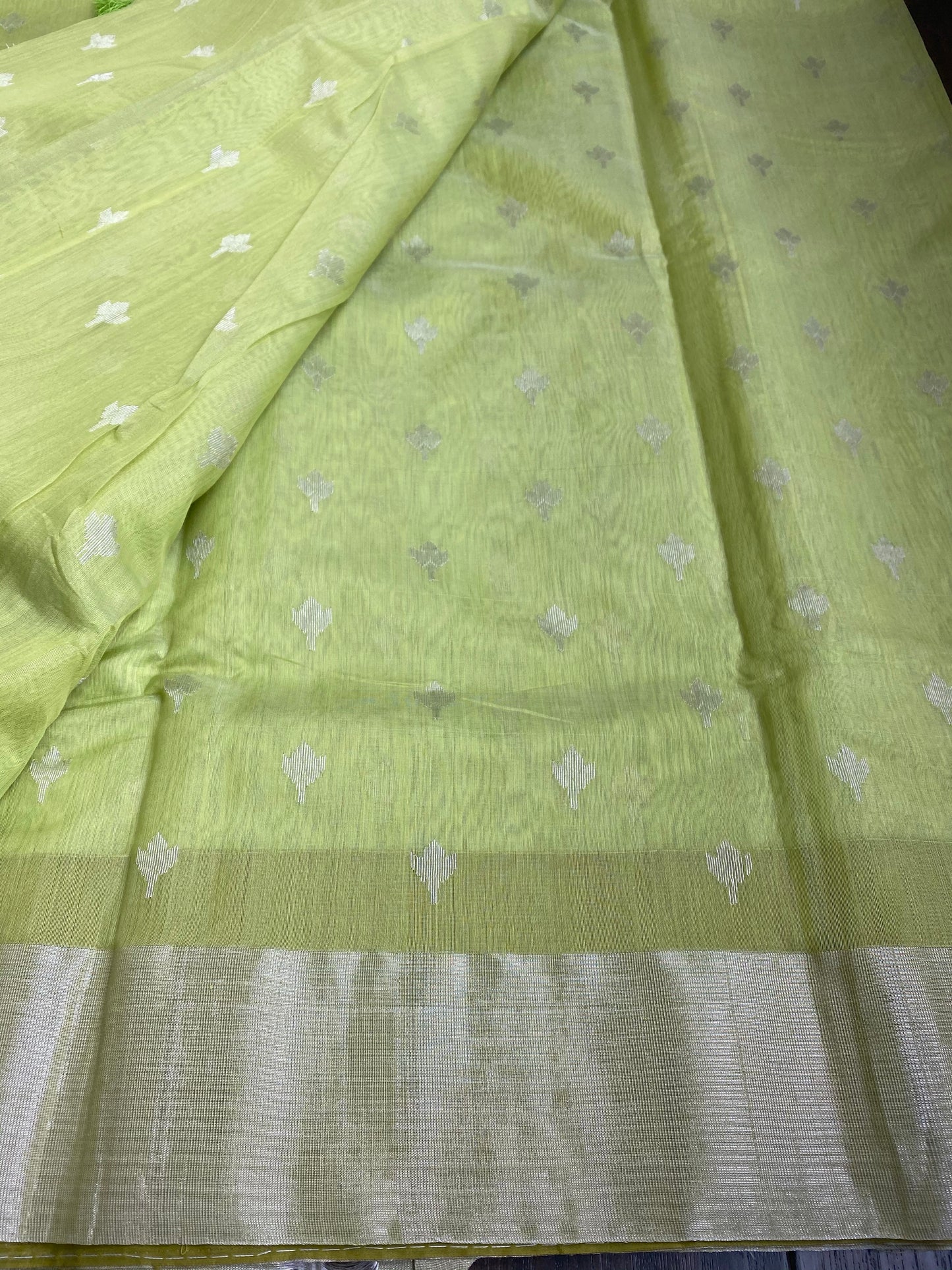 Chanderi Silk Cotton - Pista Green Silver Zari