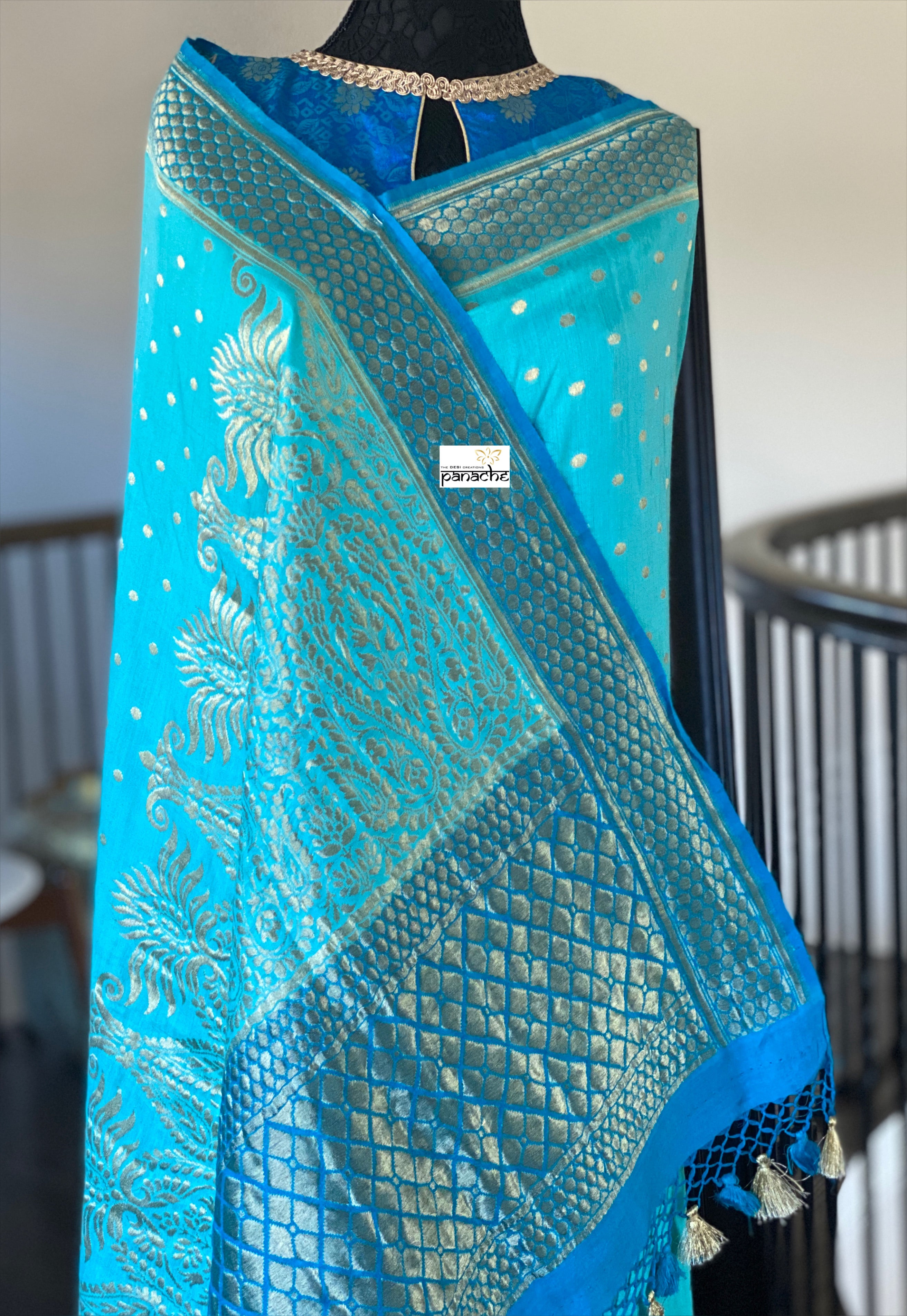 Designer Blouse - Blue Zari Flower Motif
