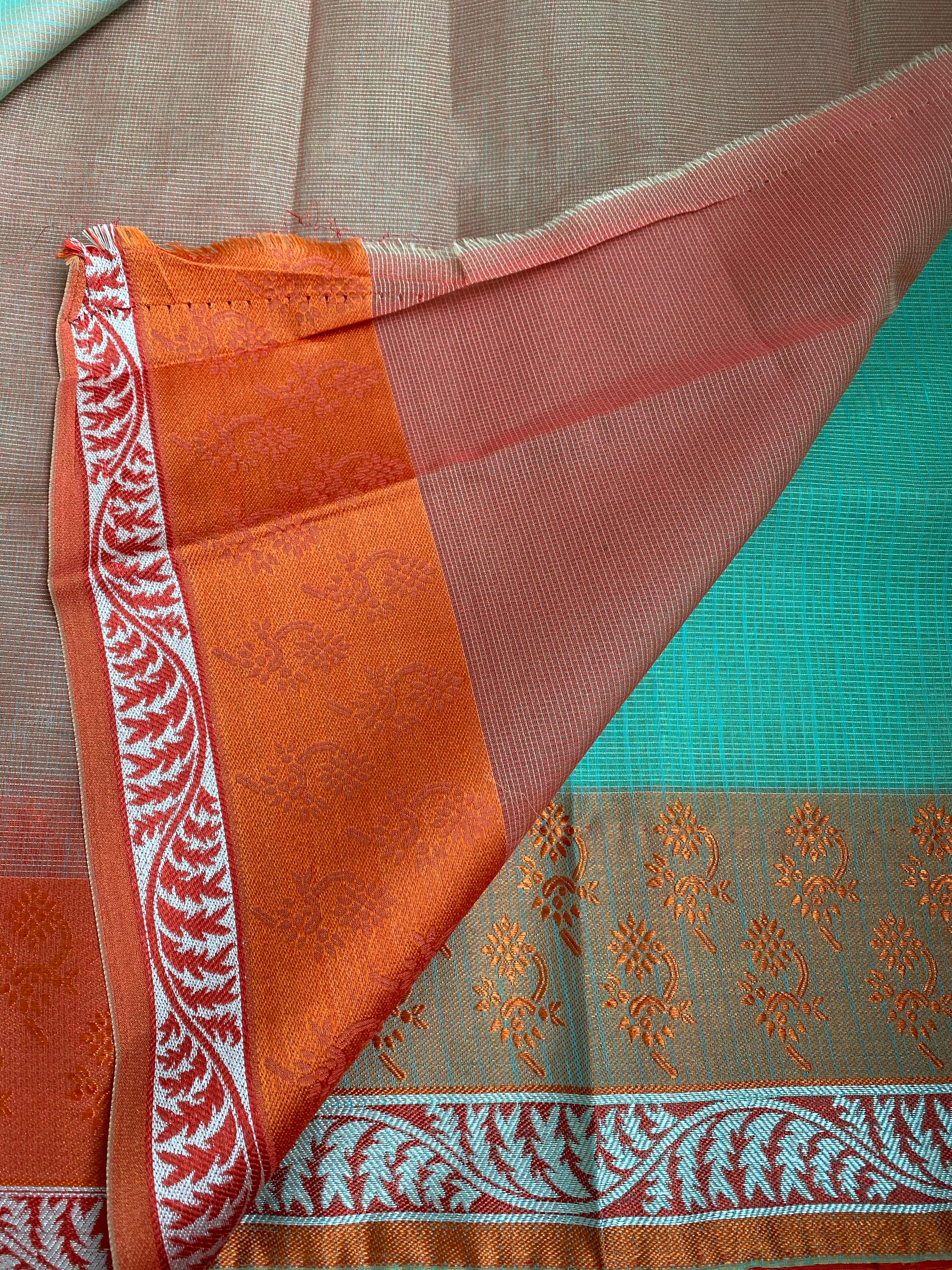 Cotton Silk Banaras Chanderi - Mint Green Orange