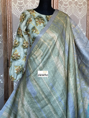 Pure Tussar Silk - Grey Pista Green Printed