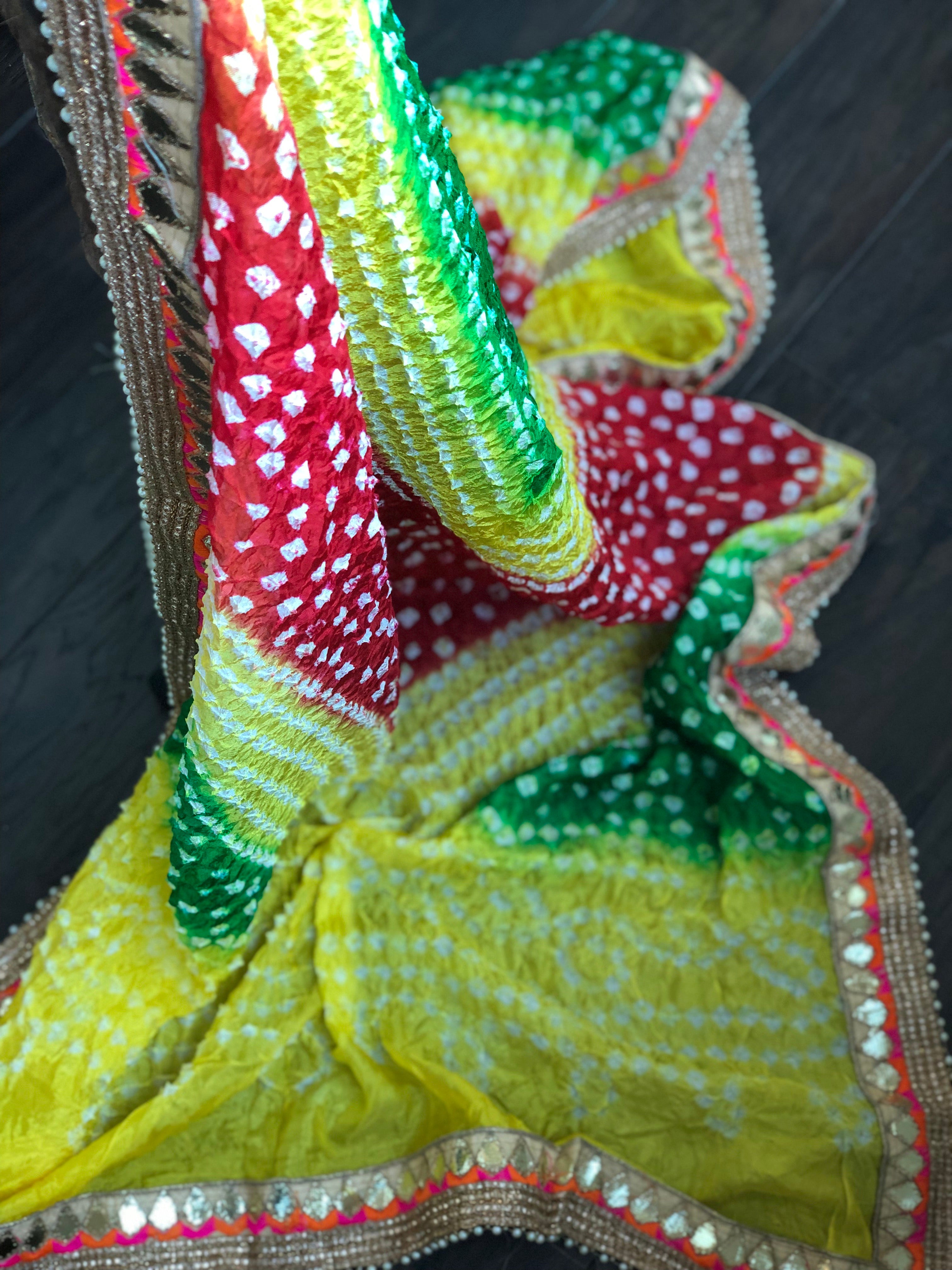 Bandhej Dupatta - Yellow Green Red