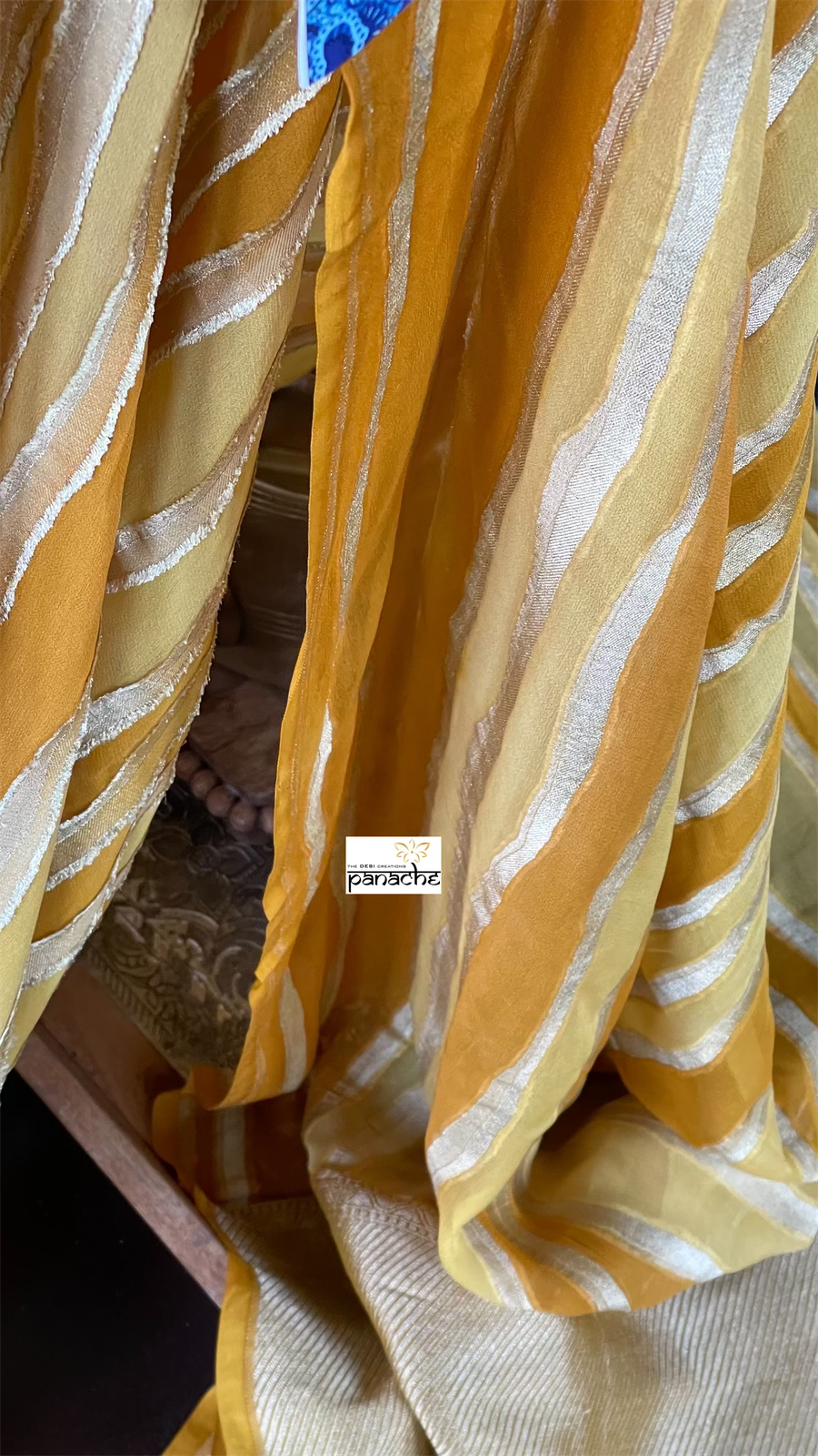 Khaddi Georgette Banarasi - Off-White Ochre Yellow Striped