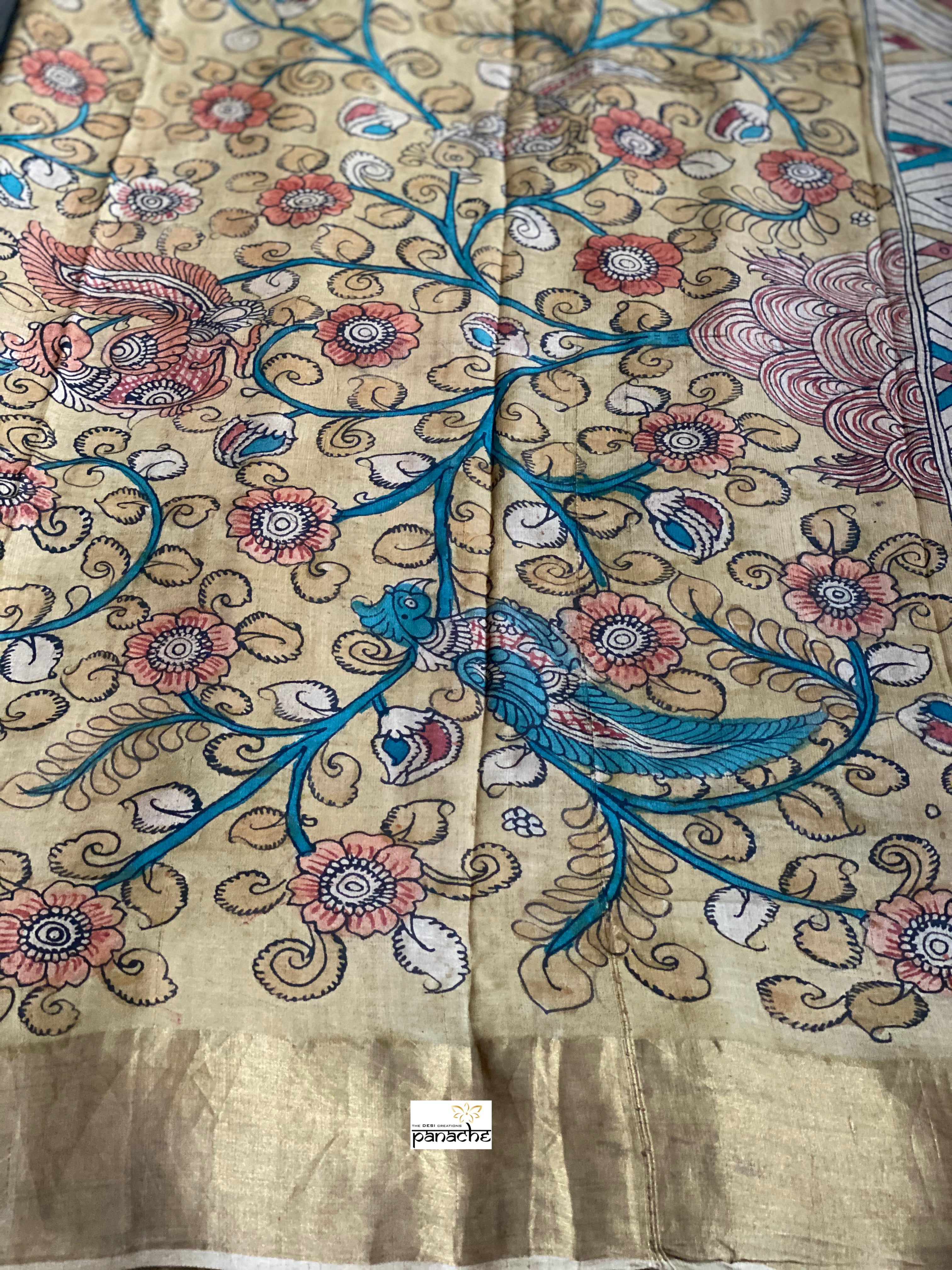 Pen Kalamkari Tussar Silk - Hand-painted Brick Red