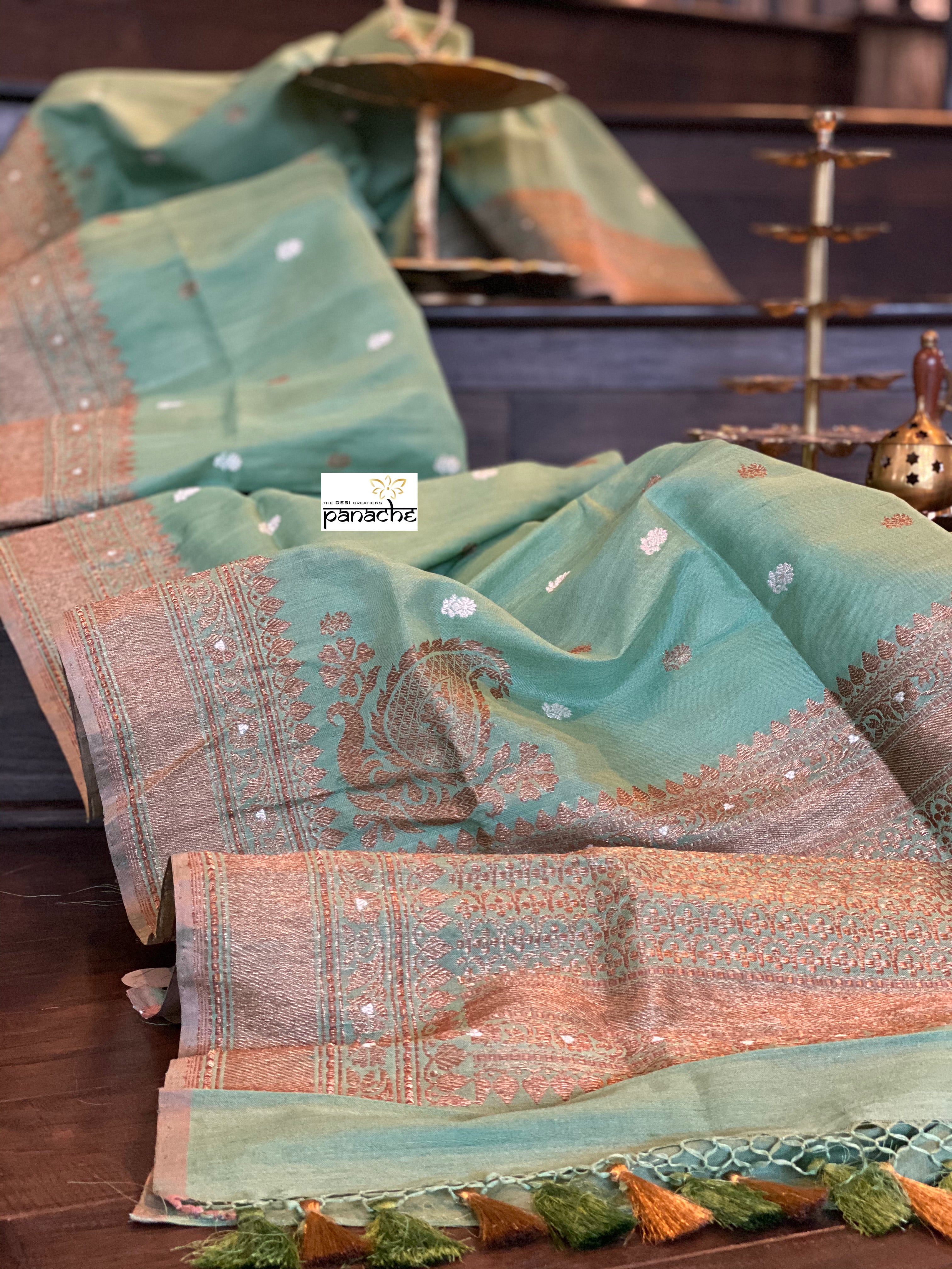 Pure Tassur Silk Banarasi - Light Teal Green Antique Zari