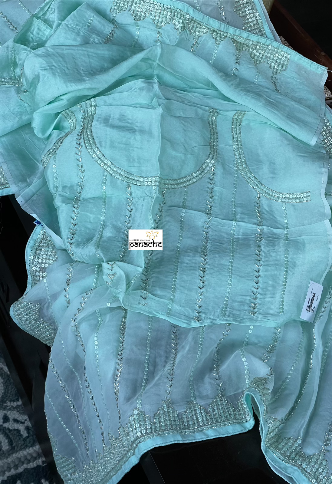 Designer Georgette Organza - Mint Hand Embroidered