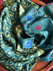 Pure Tussar Silk - Bottle Green Yellow Printed Kantha Stitch