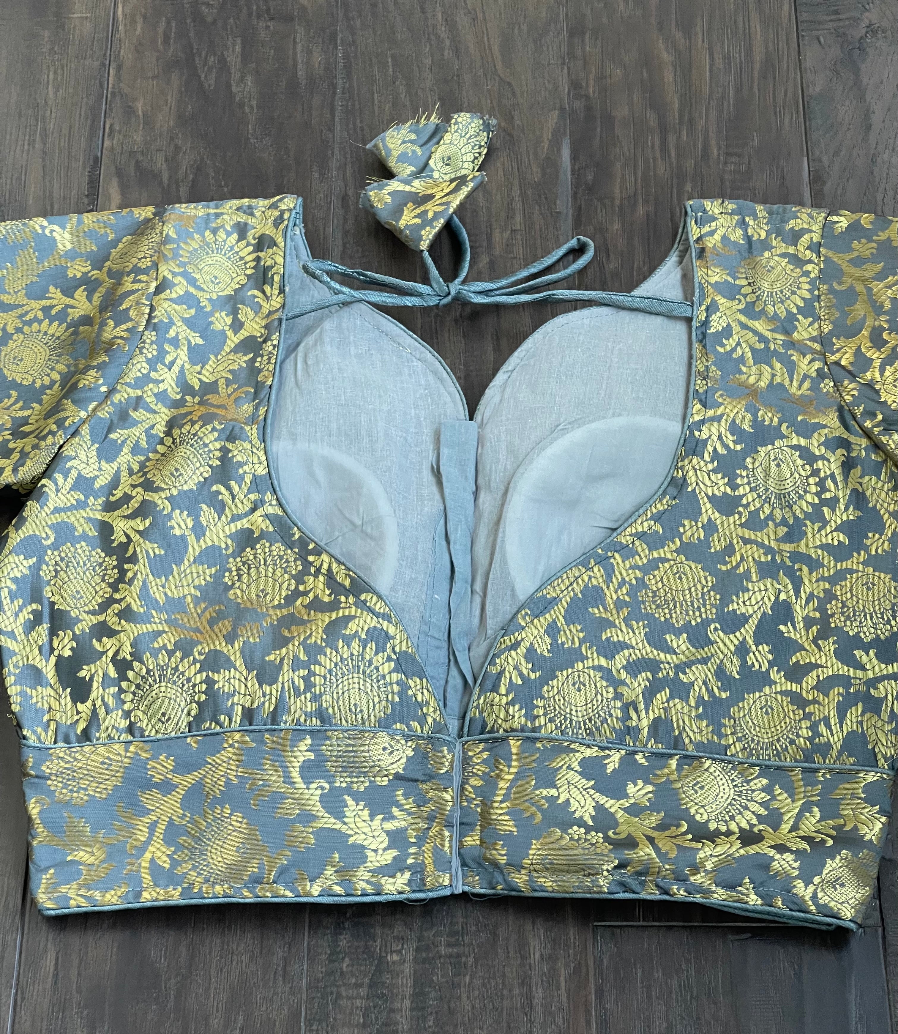 Designer Blouse - Blue Grey Brocade Full Sleeve