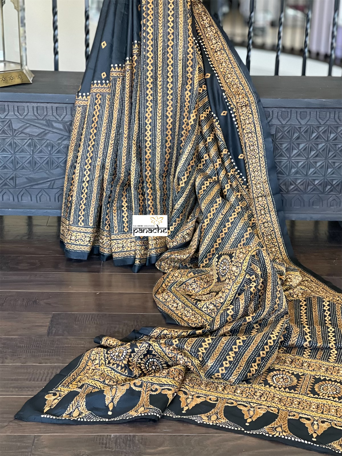 Pure Bangalore Silk Kantha Stitch -  Black Multi Color