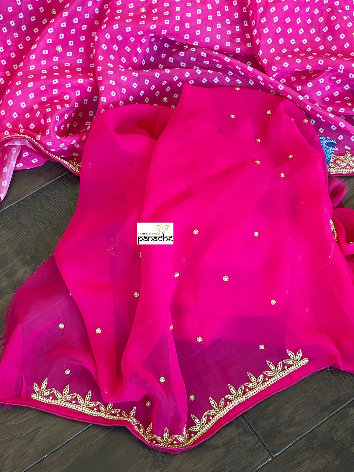 Designer Satin Georgette - Pink Bandhej Print