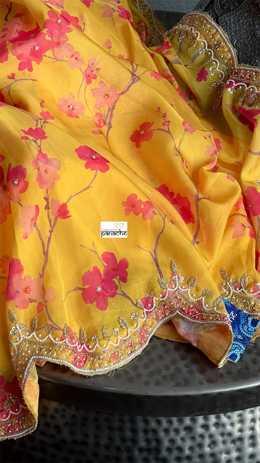 Designer Georgette Hand Embroidered - Yellow Floral