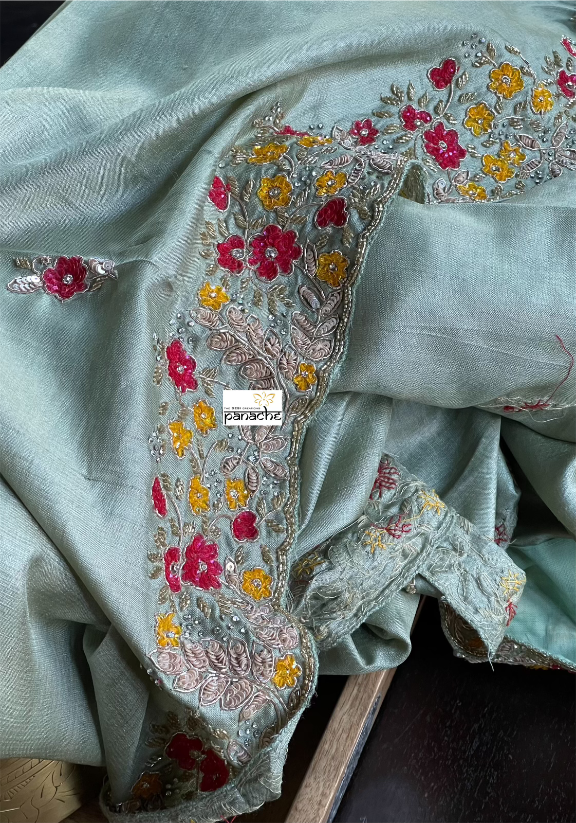 Designer Tussar Silk - Moss Green Hand Embroidered