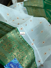 Pure Chanderi Organza Silk - Offwhite Green Eknaliya Golden Zari