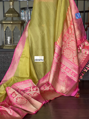 Pure Kora by Katan Silk Banarasi - Pista Green Pink Kadwa Woven