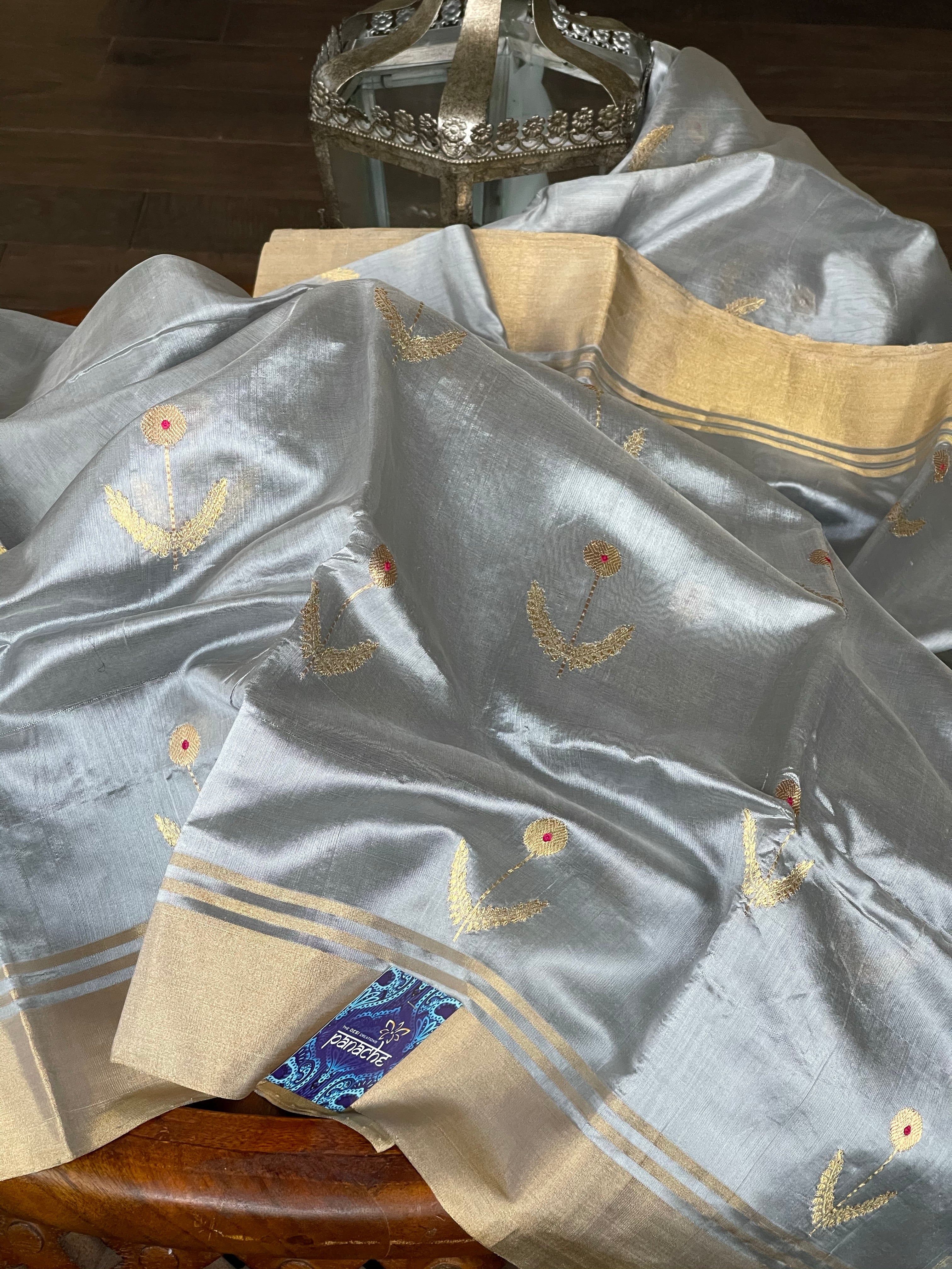 Pure Chanderi Katan Silk - Metallic Grey Eknalya woven