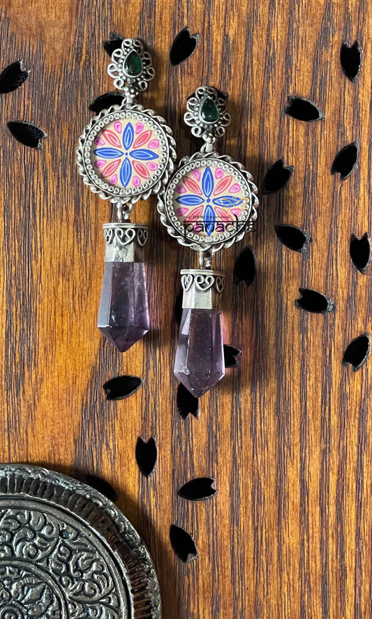 Earring 925 Silver- Hand Painted Amethyst stone