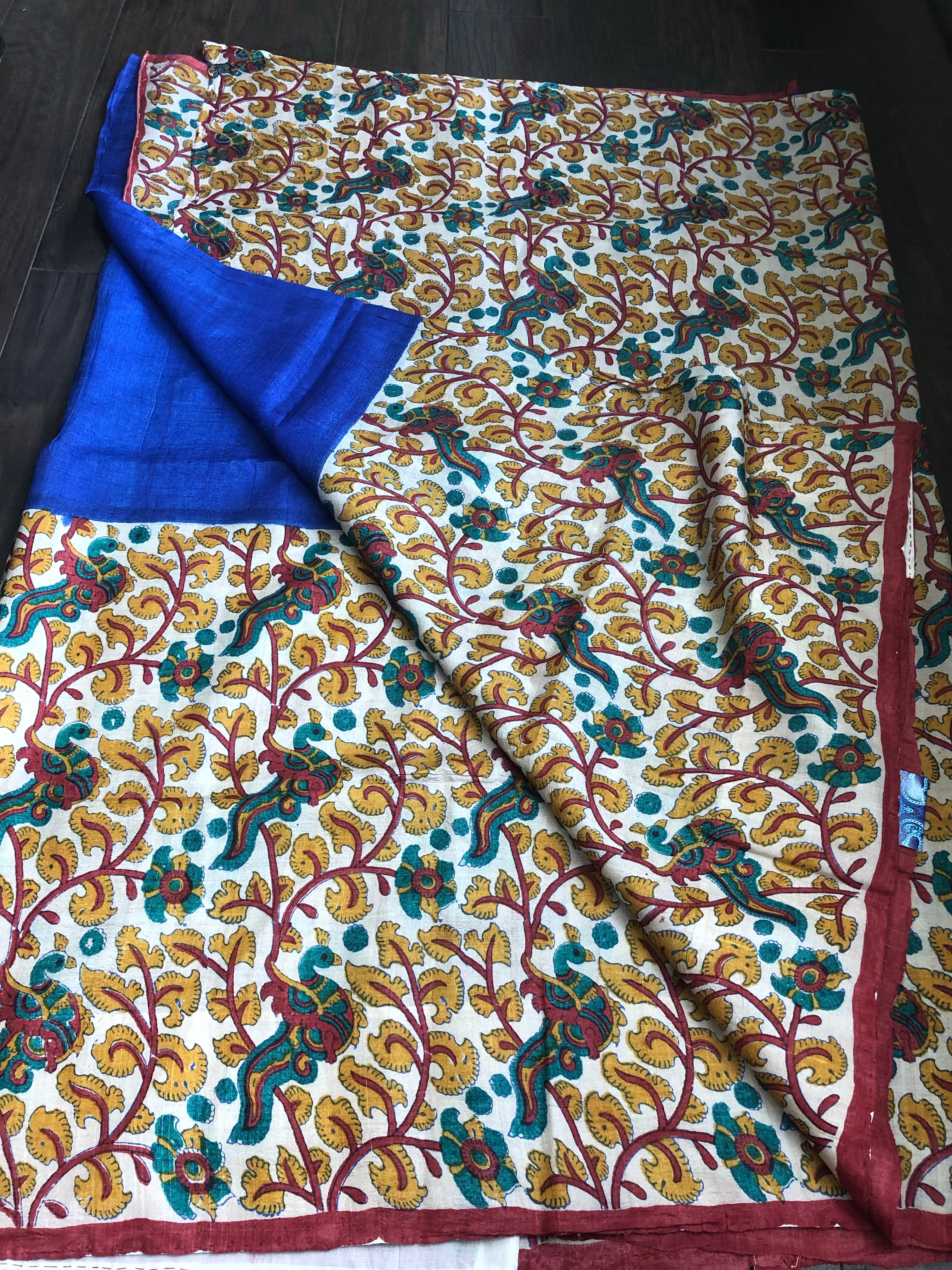 Tussar Silk - Printed Kalamkari  Royal Blue