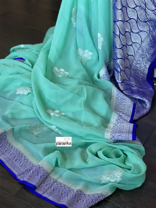 Chiffon Georgette Silk Banarasi - Mint Green Purplish blue