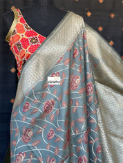 Muga Silk Banarasi - Grey Maroon Golden Zari