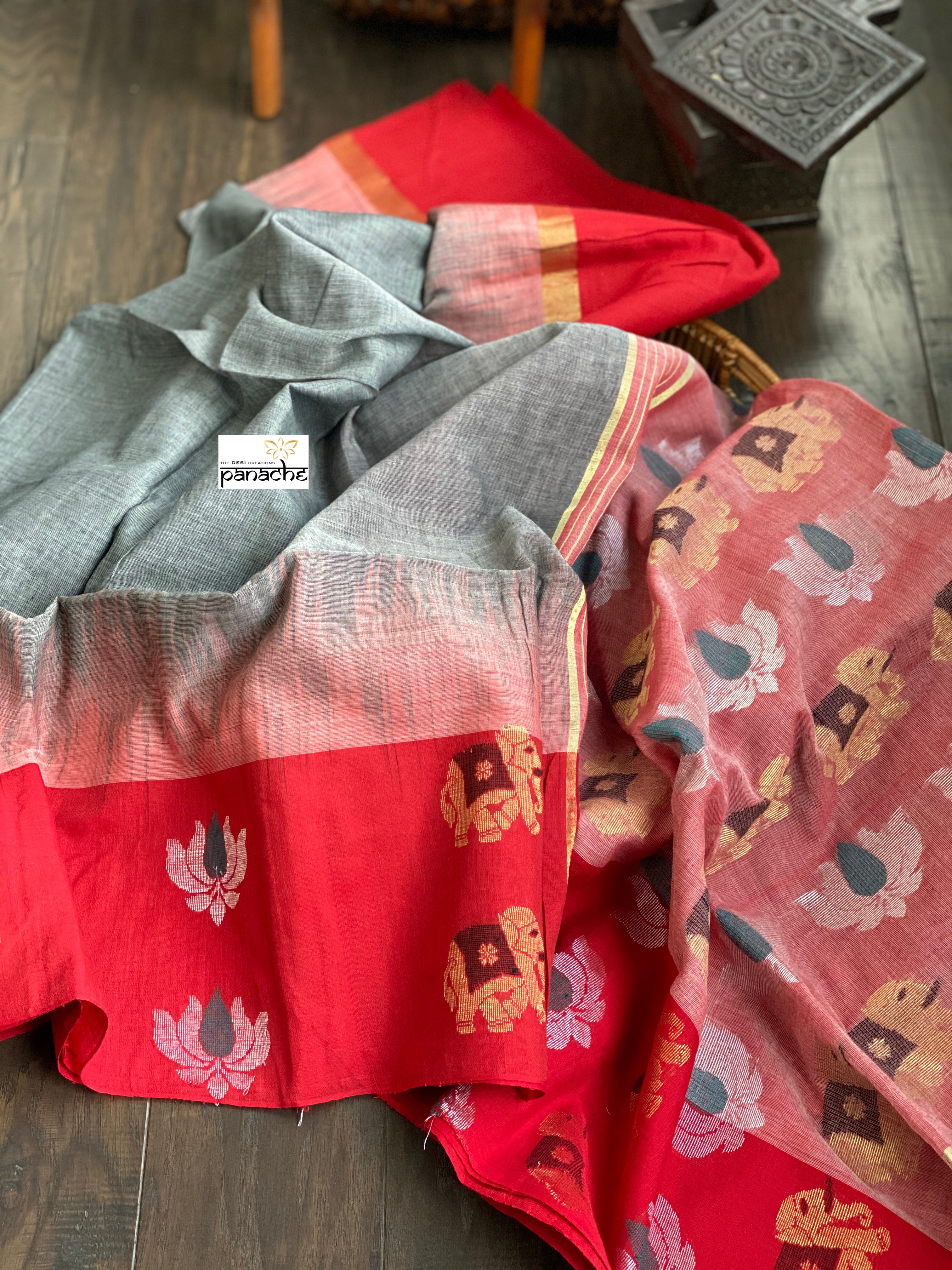 Pure Khadi Cotton Handloom - Grey Red Woven