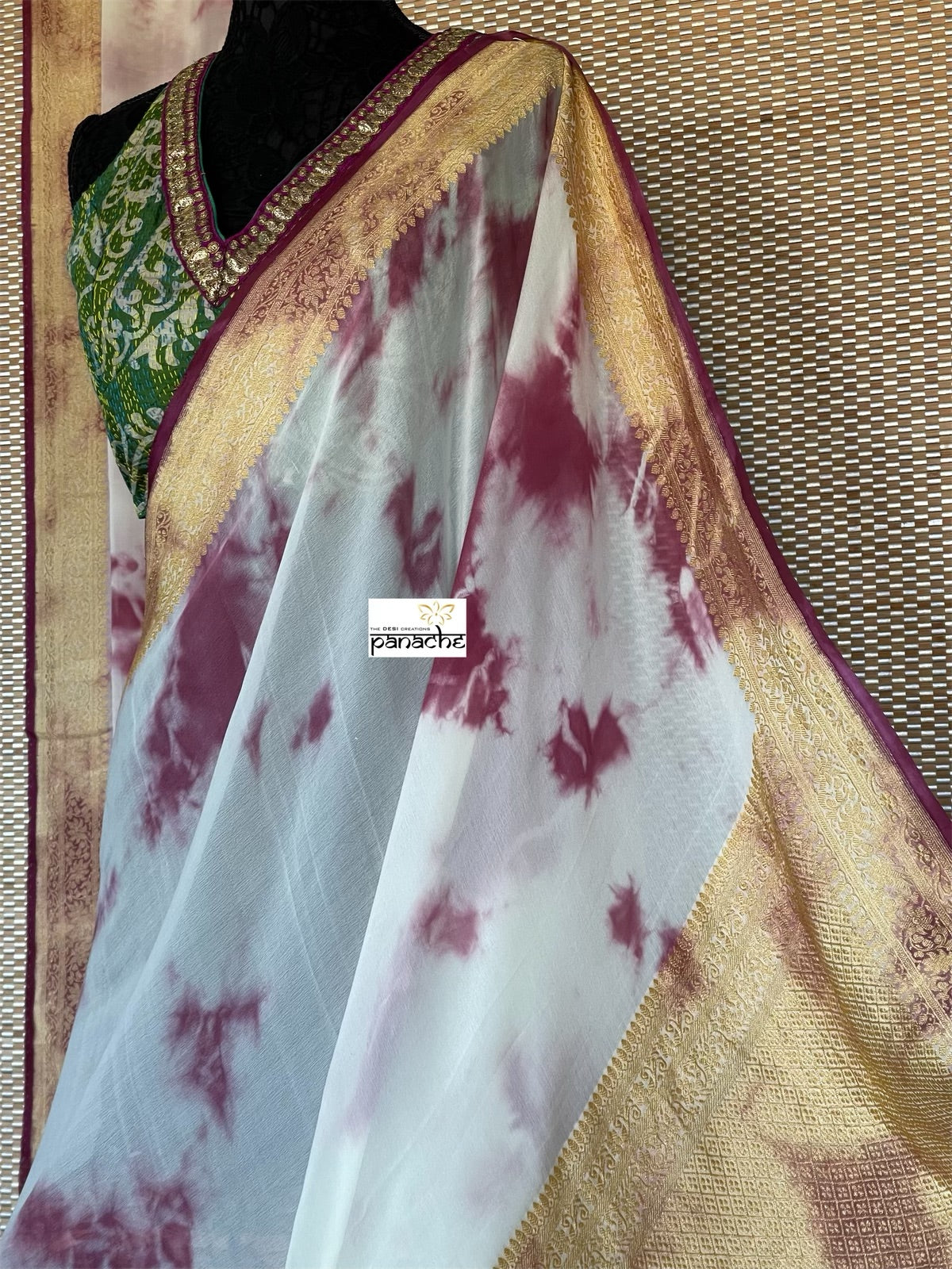 Khaddi Georgette Banarasi - Off-White Wine Purple Tie-dye Khadhua Woven