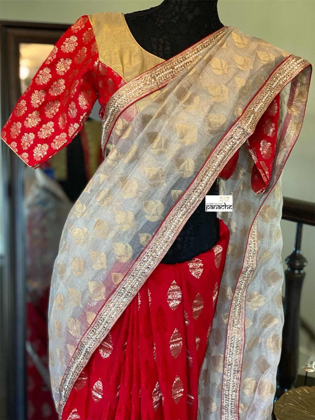 Designer Saree - Golden Tissue Red Soft Silk Half Half