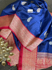 Pure Silk Katan Banarasi - Navy Blue Red Kadhwa