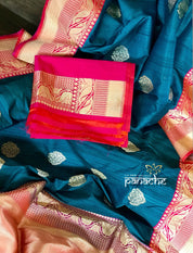Exclusive Pure Tussar Silk Benarasi - Teal and Pink
