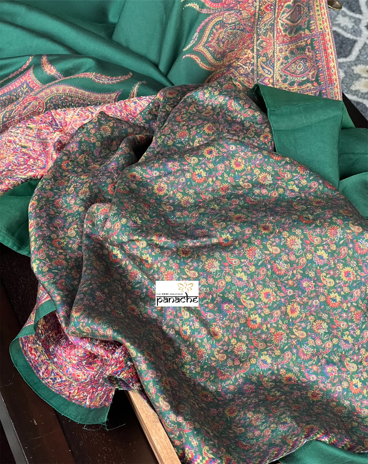 Muga Silk Pashmina Banarasi - Bottle Green Antique Golden Zari