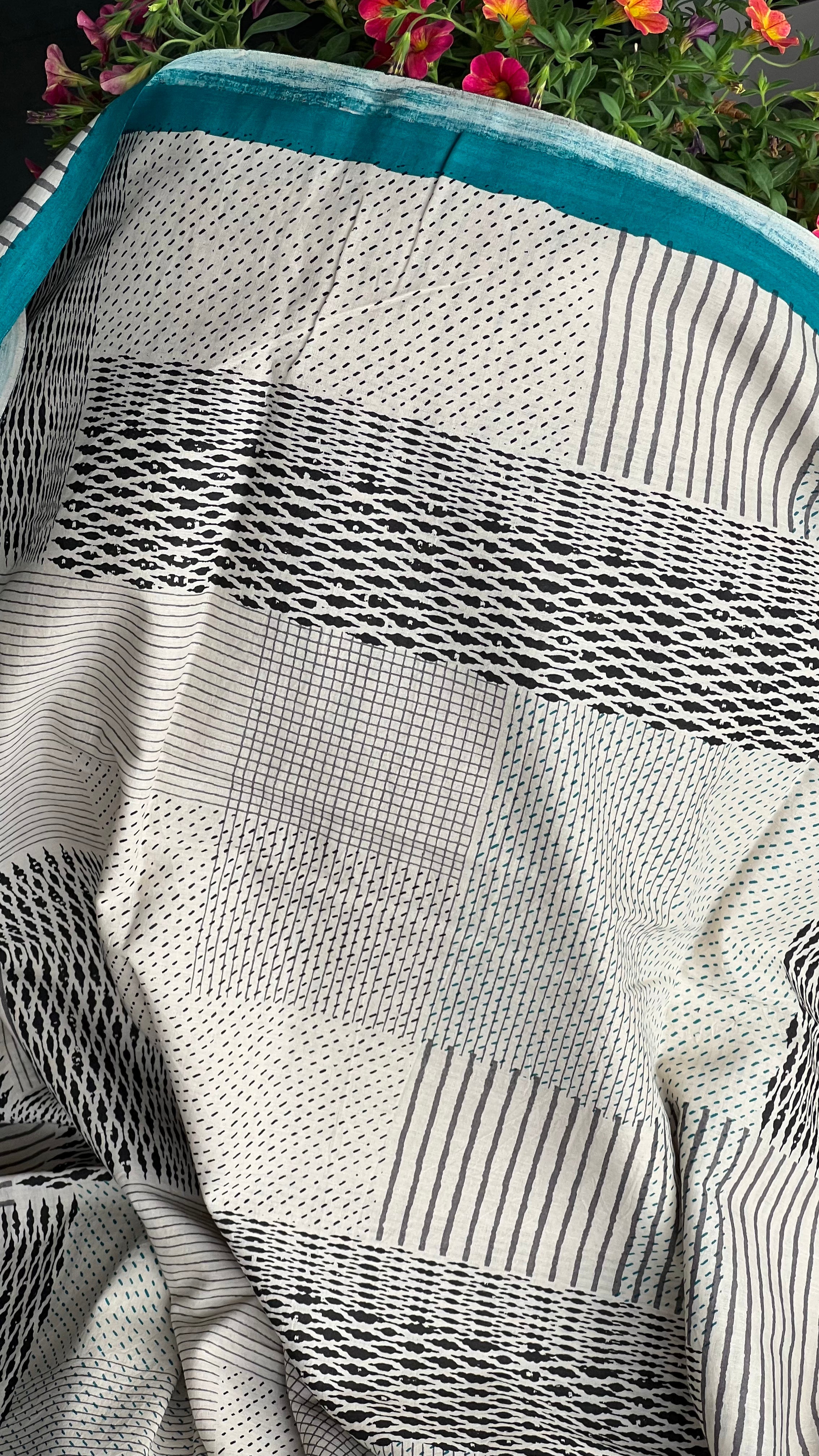 Pure Cotton Silk Printed - Beige Black Firozi Printed