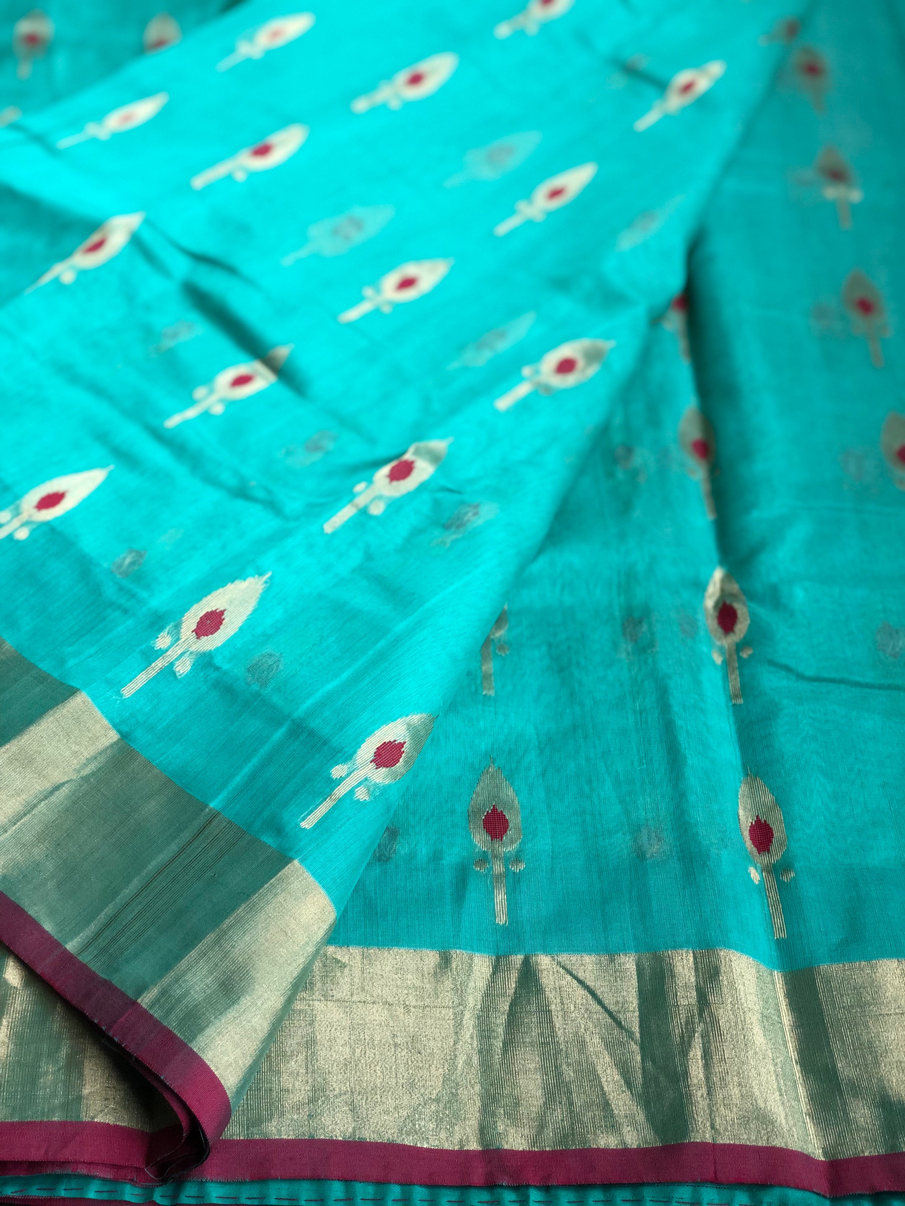 Chanderi Katan Silk Cotton - Firozi Meenakari