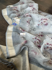 Banarasi Organza Floral - Grey Antique Golden Zari