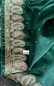 Pure Tussar Silk - Dark Green Embroidered