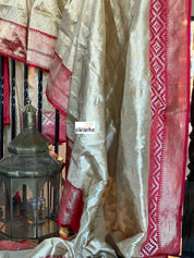 Pure Katan Silk Banarasi - Golden Beige Red Kadwa woven