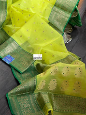 Pure Chanderi Organza Silk - Yellow Green Eknaliya Golden Zari