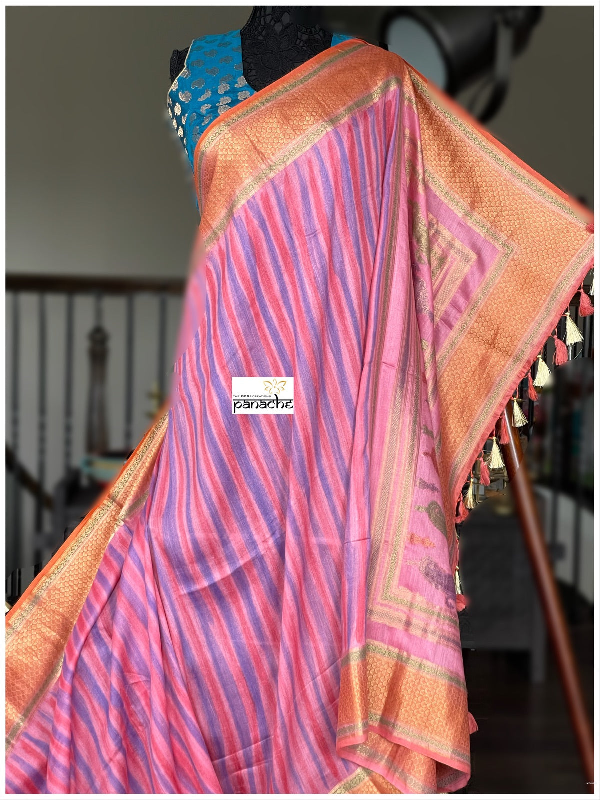 Muga Silk Banarasi - Pink Purplish Blue Tie Dye