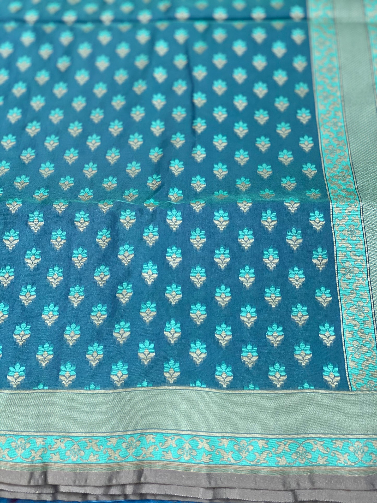 Silk Cotton Jamdaani Kora Banarasi - Blue Grey Resham Woven
