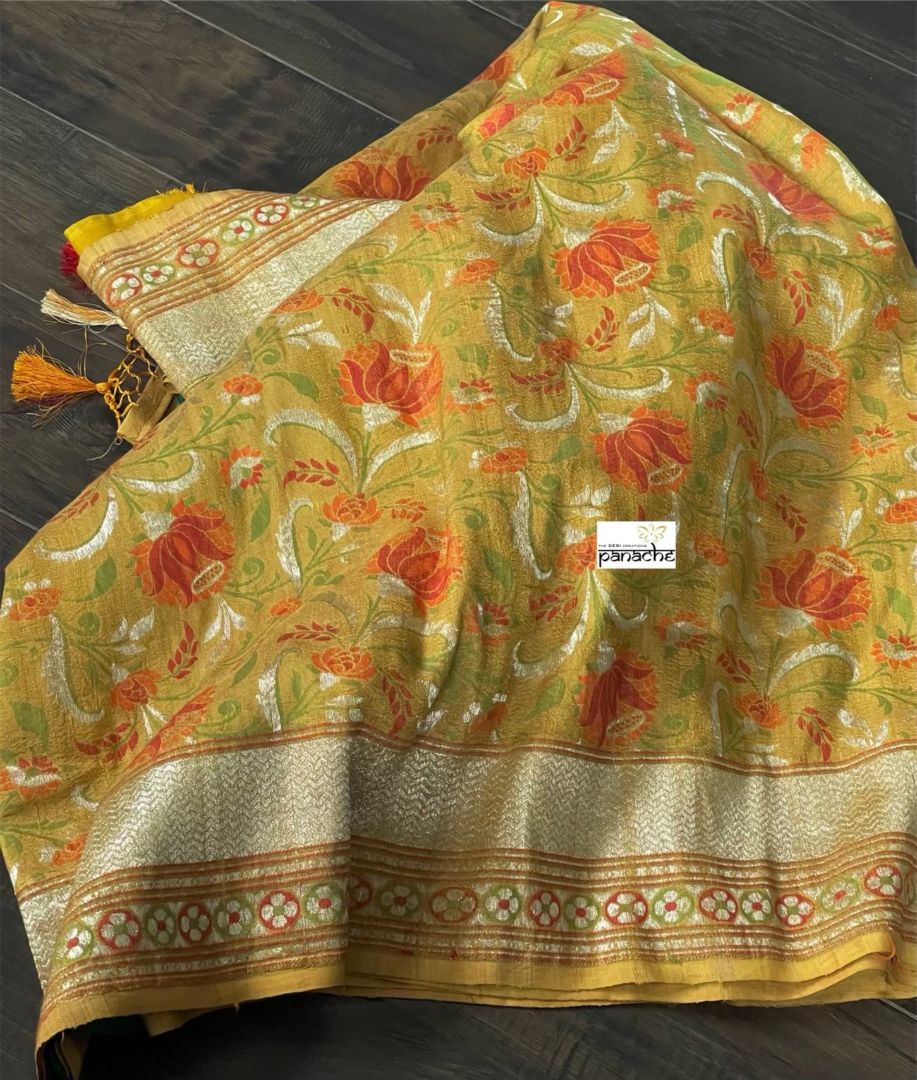 Tussar Georgette Banarasi - Ochre Yellow Green Kadwa