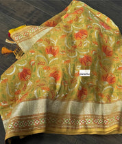 Tussar Georgette Banarasi - Ochre Yellow Green Kadwa