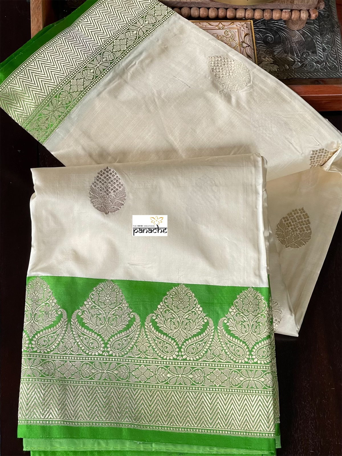 Pure Katan Silk Banarasi - Cream Parrot Green
