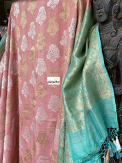 Tussar Georgette Banarasi- Peach Pink Sea Green