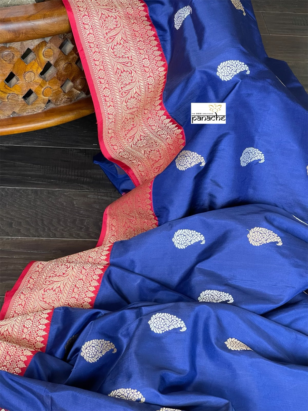 Pure Silk Katan Banarasi - Navy Blue Red Kadhwa