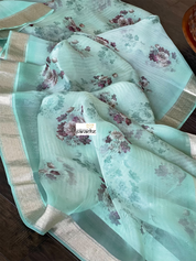 Banarasi Organza Floral - Mint Antique Golden Zari