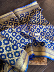 Silk Cotton Dupatta - Blue Golden Zari