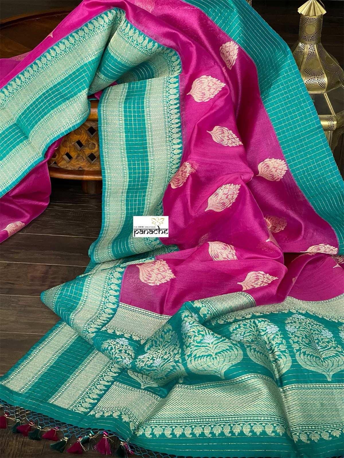 Tussar Silk Banarasi - Magenta Pink Rama Green Zari checkered
