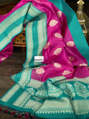 Tussar Silk Banarasi - Magenta Pink Rama Green Zari checkered